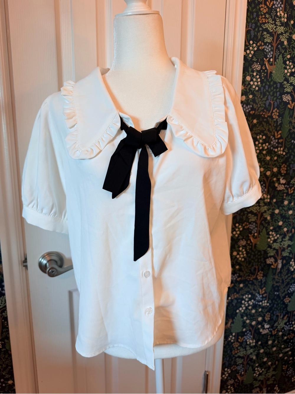 bohme White Ruffle Collar Short Sleeve Blouse with Black Bow